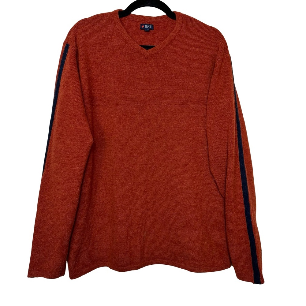 BKE Wool Blend Orange Navy Blue Striped Arm Long Sleeve VNeck Comfy Sweater M